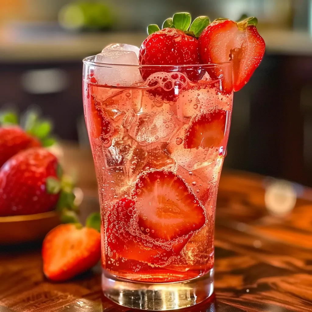 A glass of pink drink with strawberries in it.