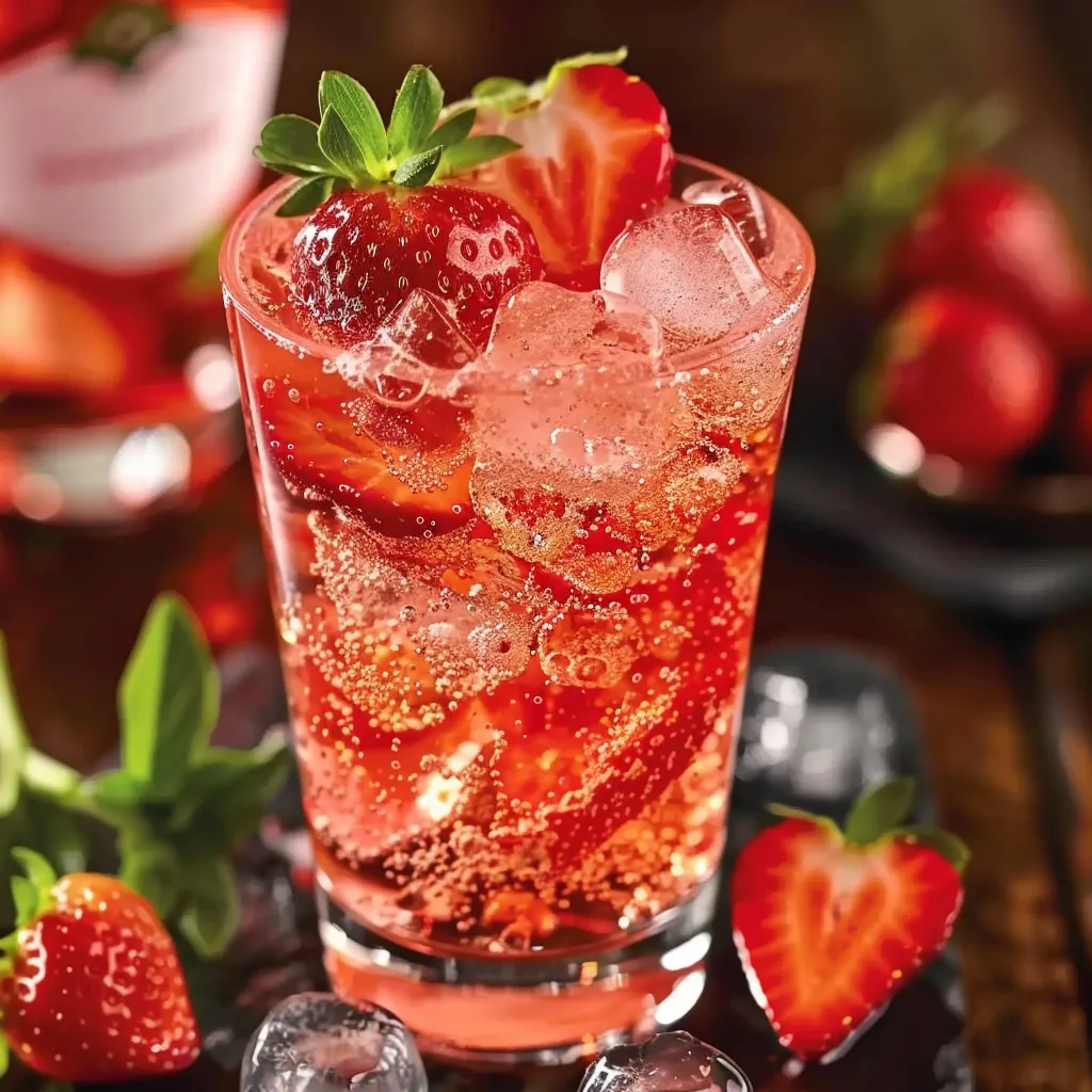 A glass of pink drink with strawberries.