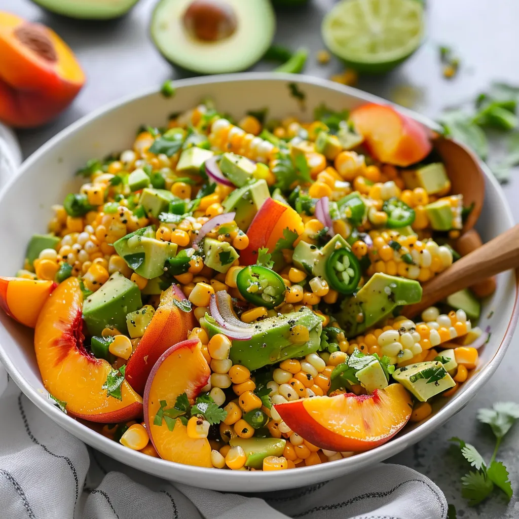 A bowl of food with corn, avocado, and peaches.