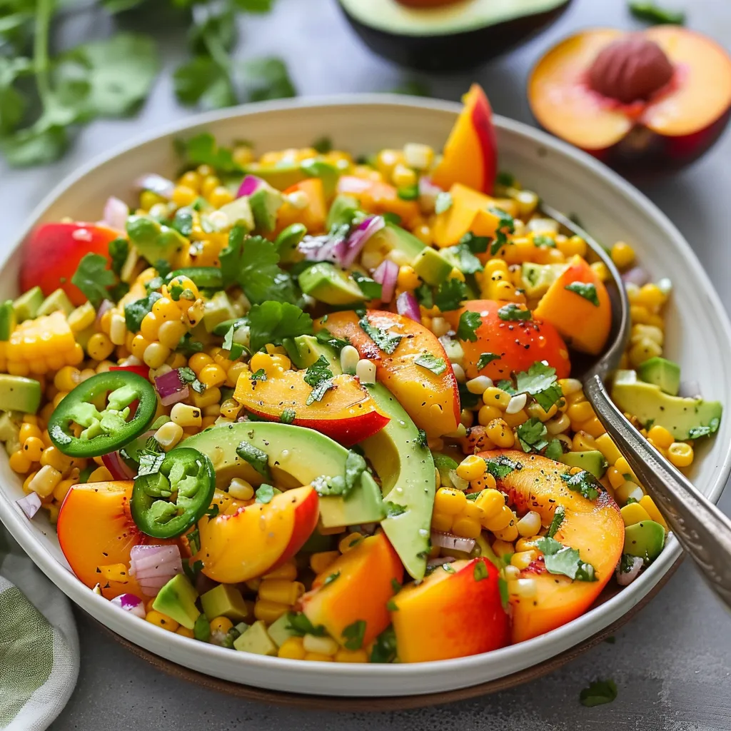 A bowl of food with corn, peppers, and avocado.