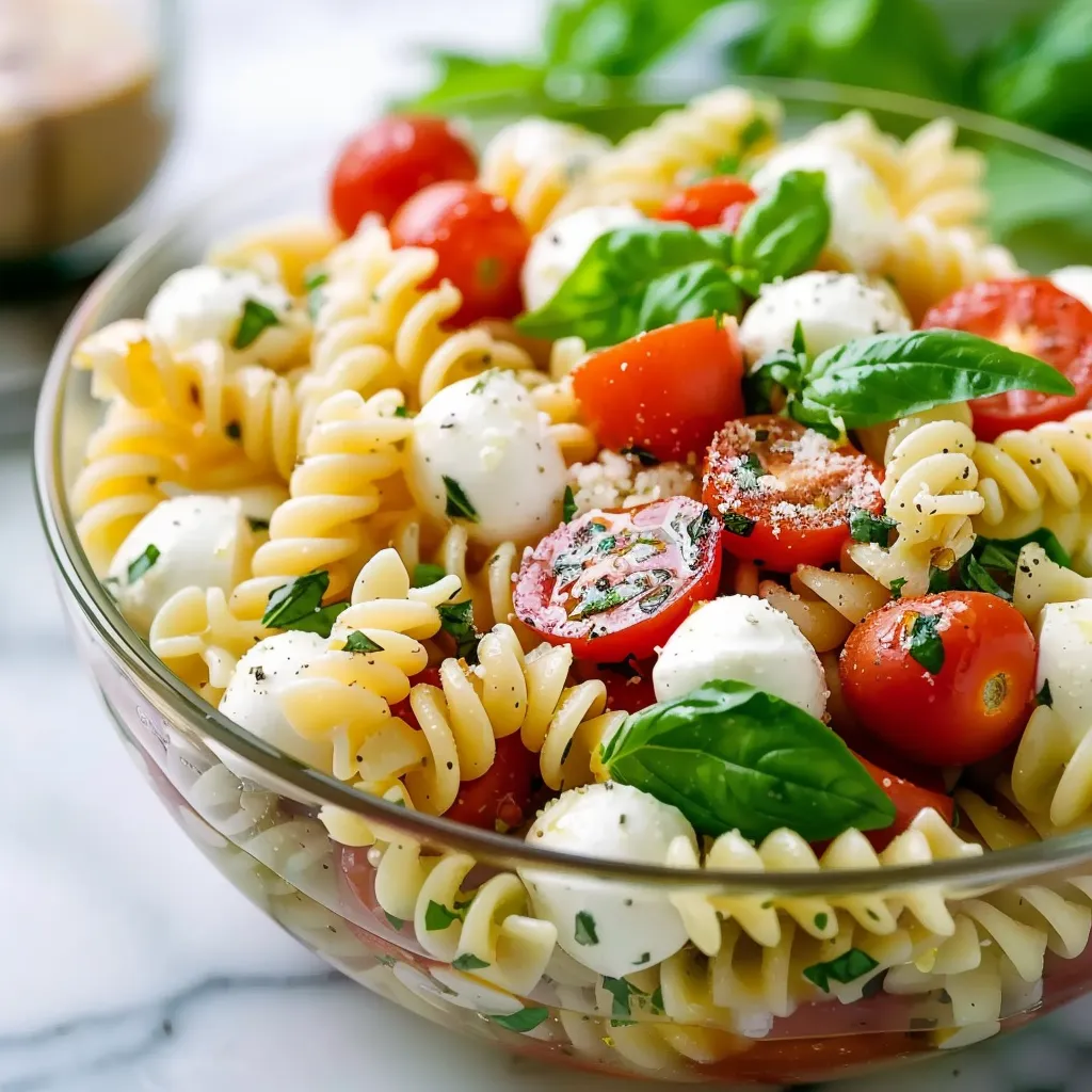 A bowl of pasta with tomatoes and basil.