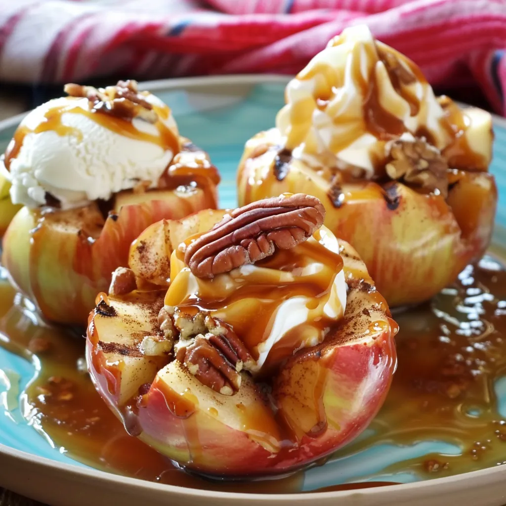 Three apples with caramel sauce on a plate.