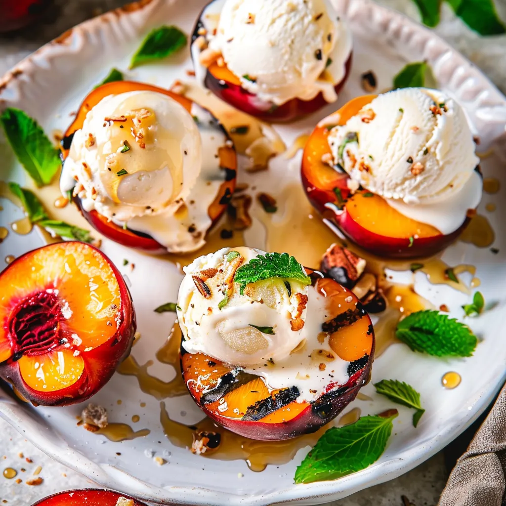 A plate of peaches with ice cream on top.