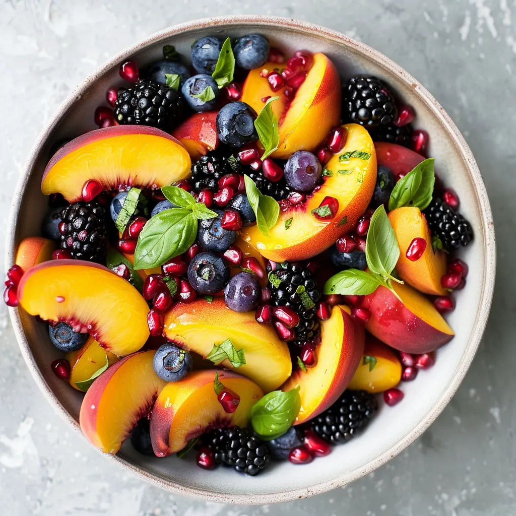 A bowl of fruit with blueberries, peaches, and blackberries.