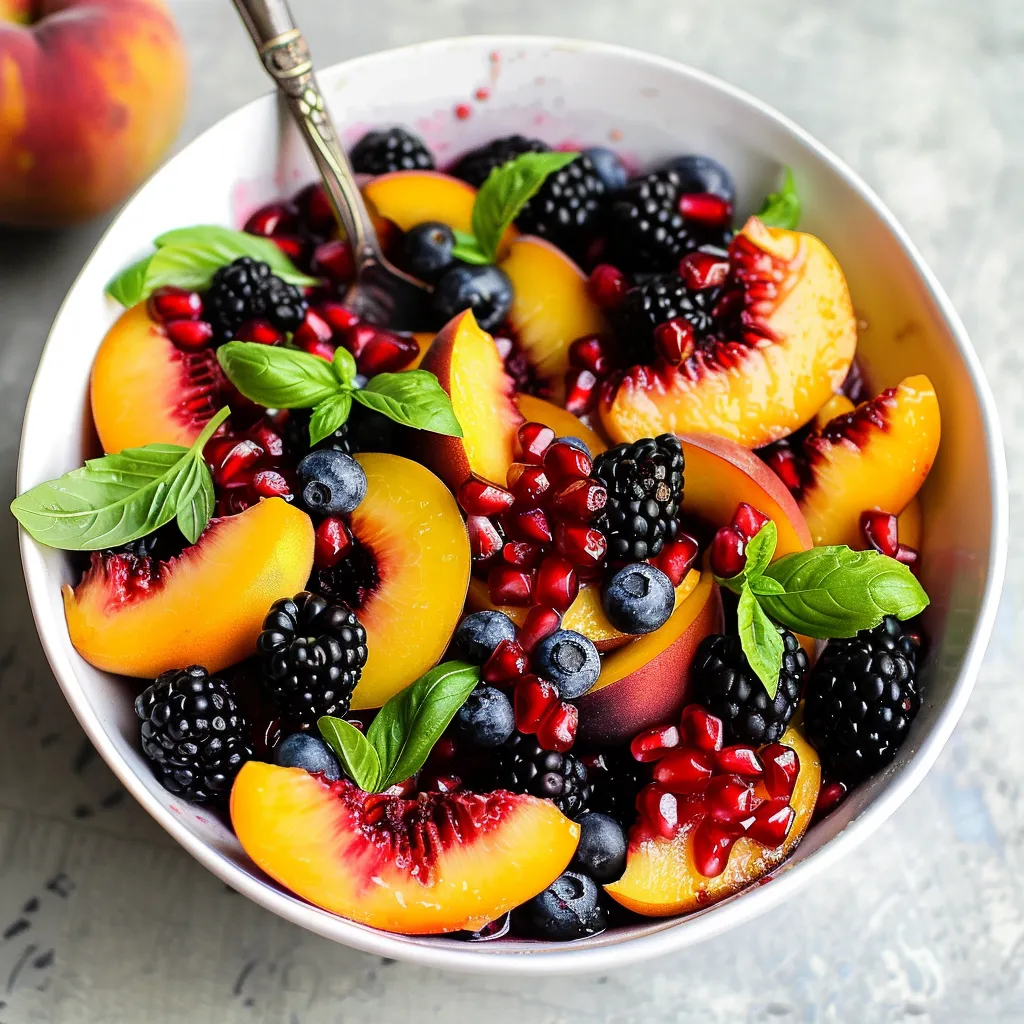 A bowl of fruit with blueberries, peaches, and blackberries.