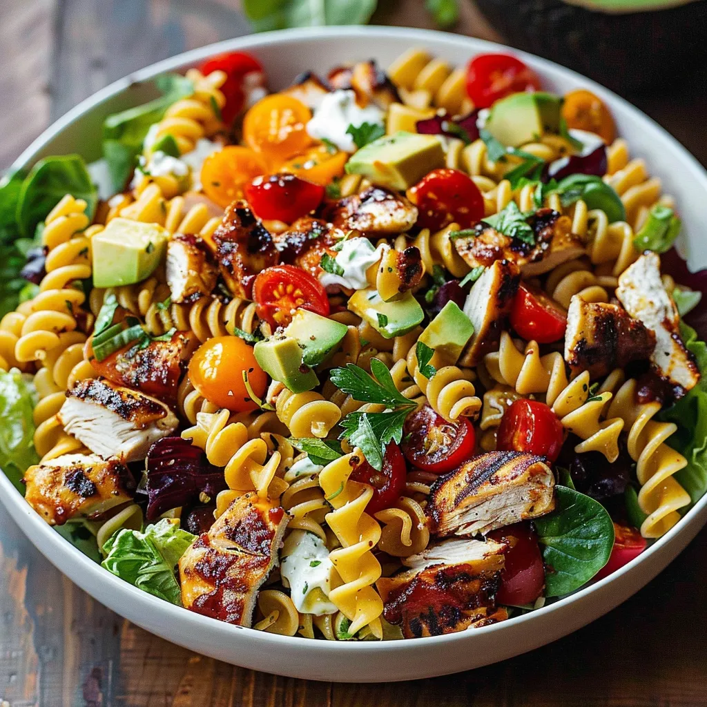 A bowl of pasta with chicken, tomatoes, and avocado.