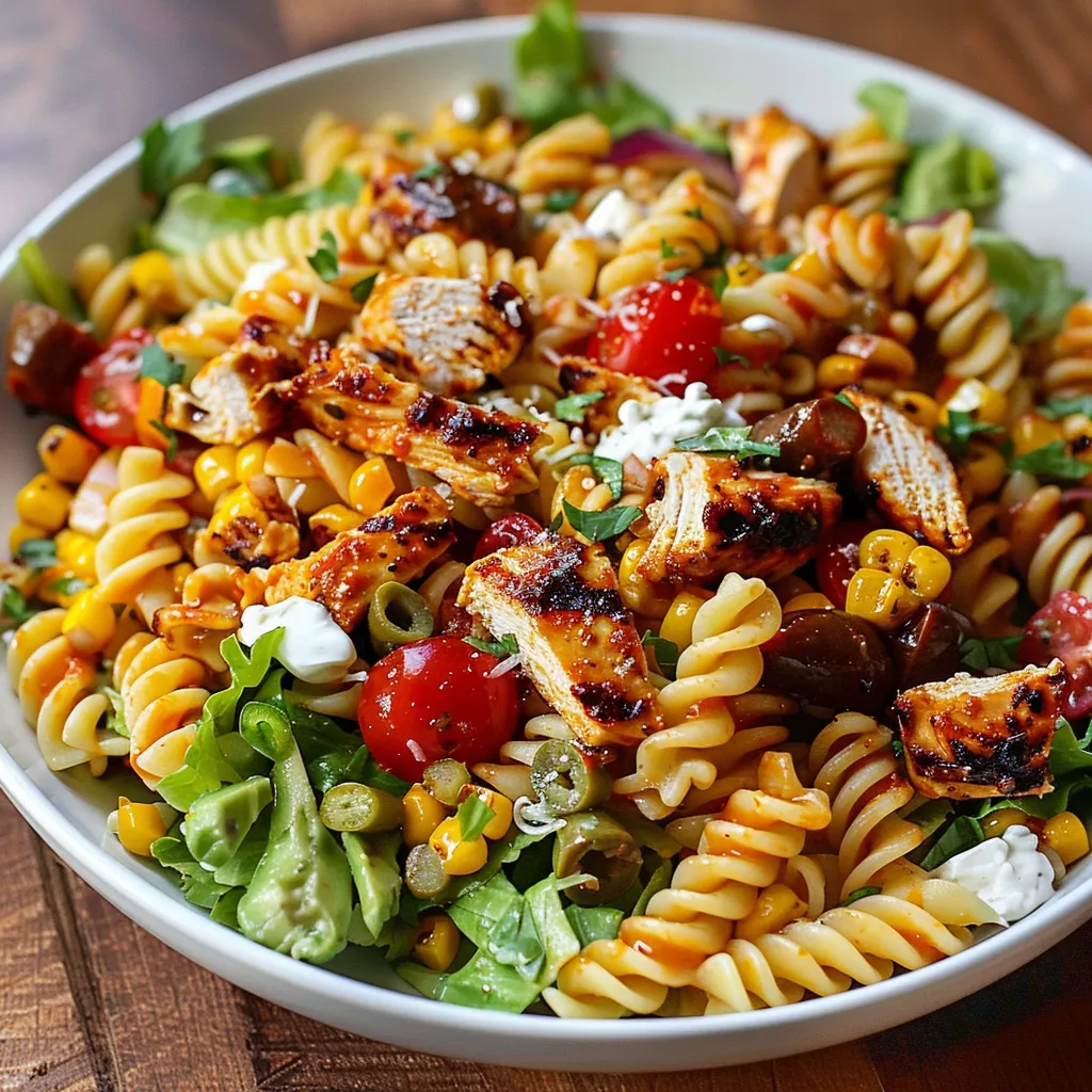 A bowl of pasta with chicken and vegetables.