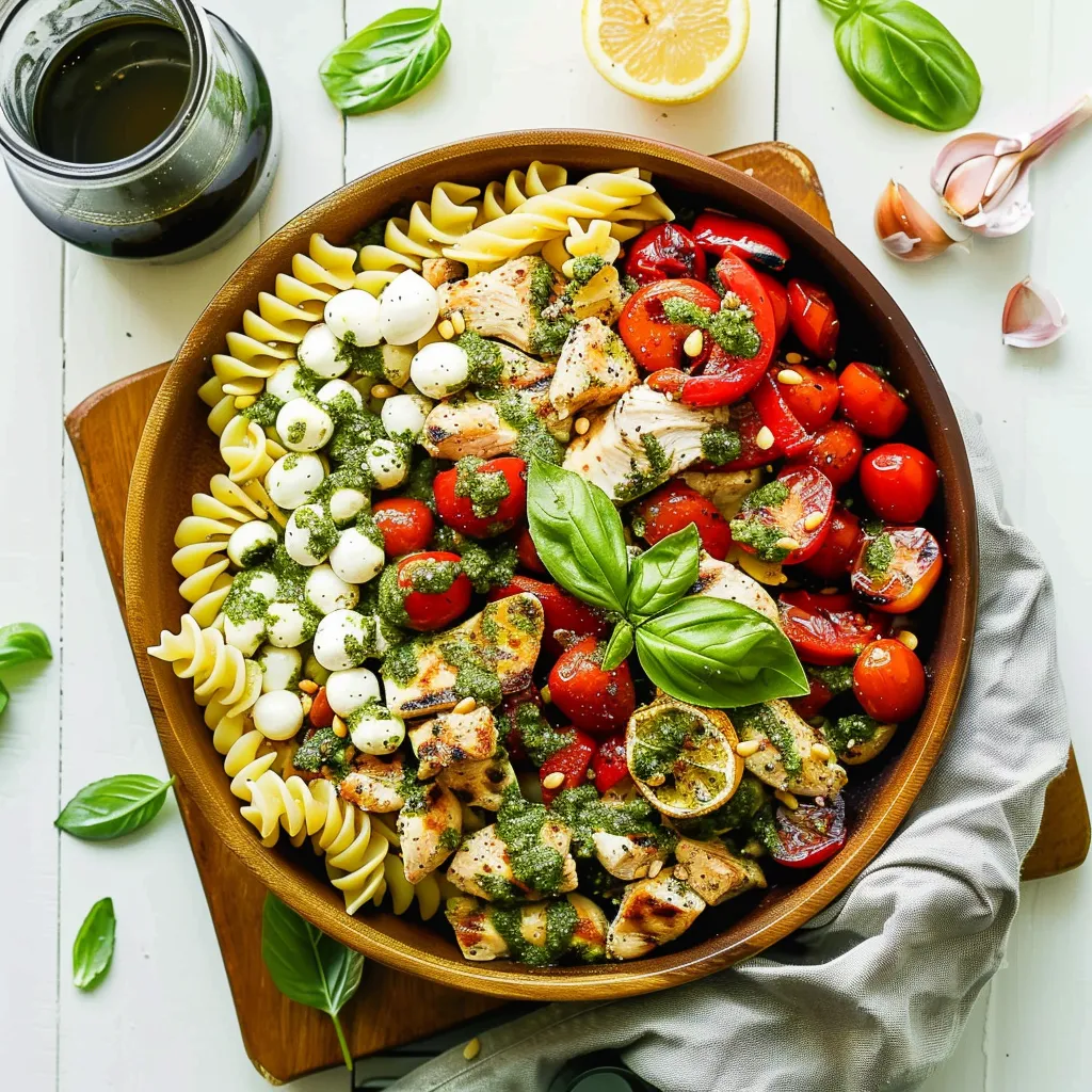A bowl of pasta salad with chicken and tomatoes.