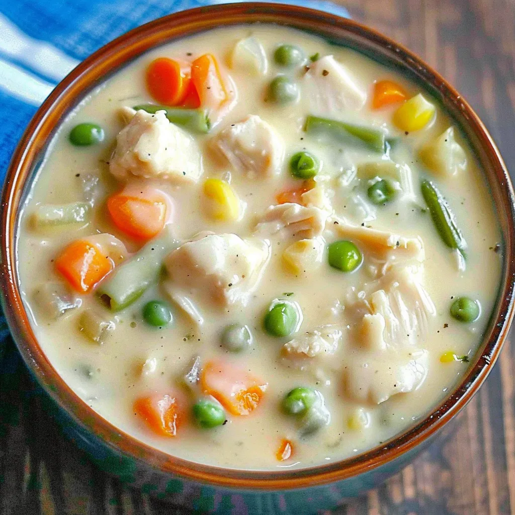 A bowl of soup with chicken, peas, and carrots.