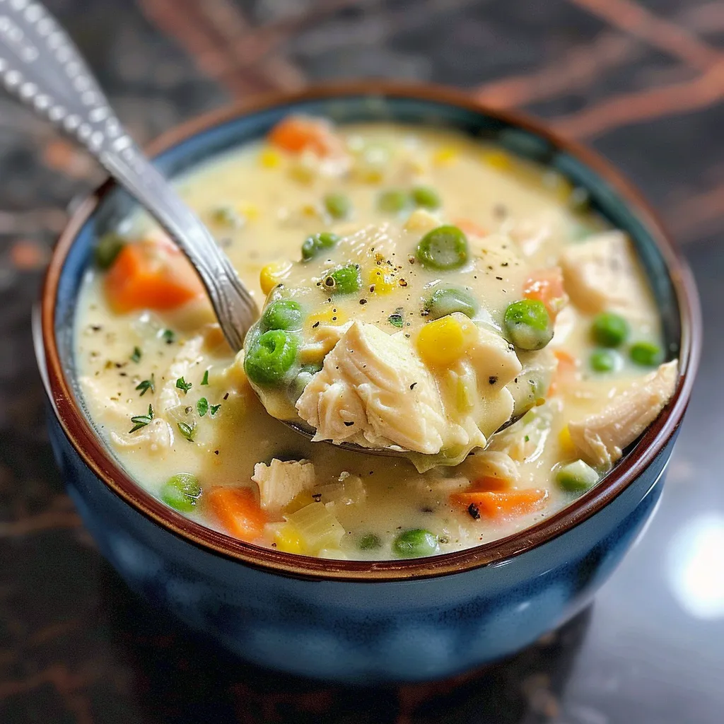 A bowl of soup with a spoon in it.