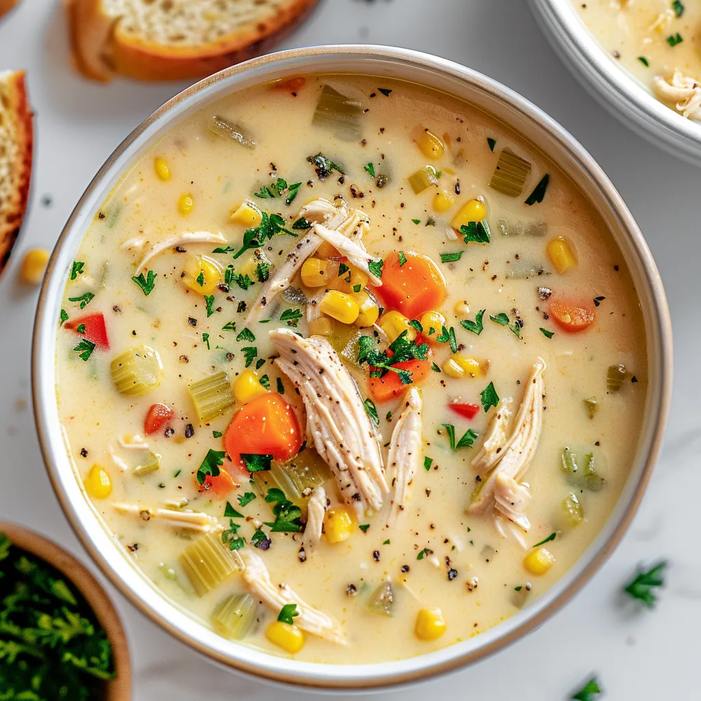 A bowl of soup with chicken and vegetables.