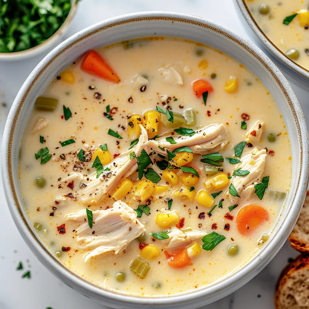 A bowl of soup with chicken and vegetables.