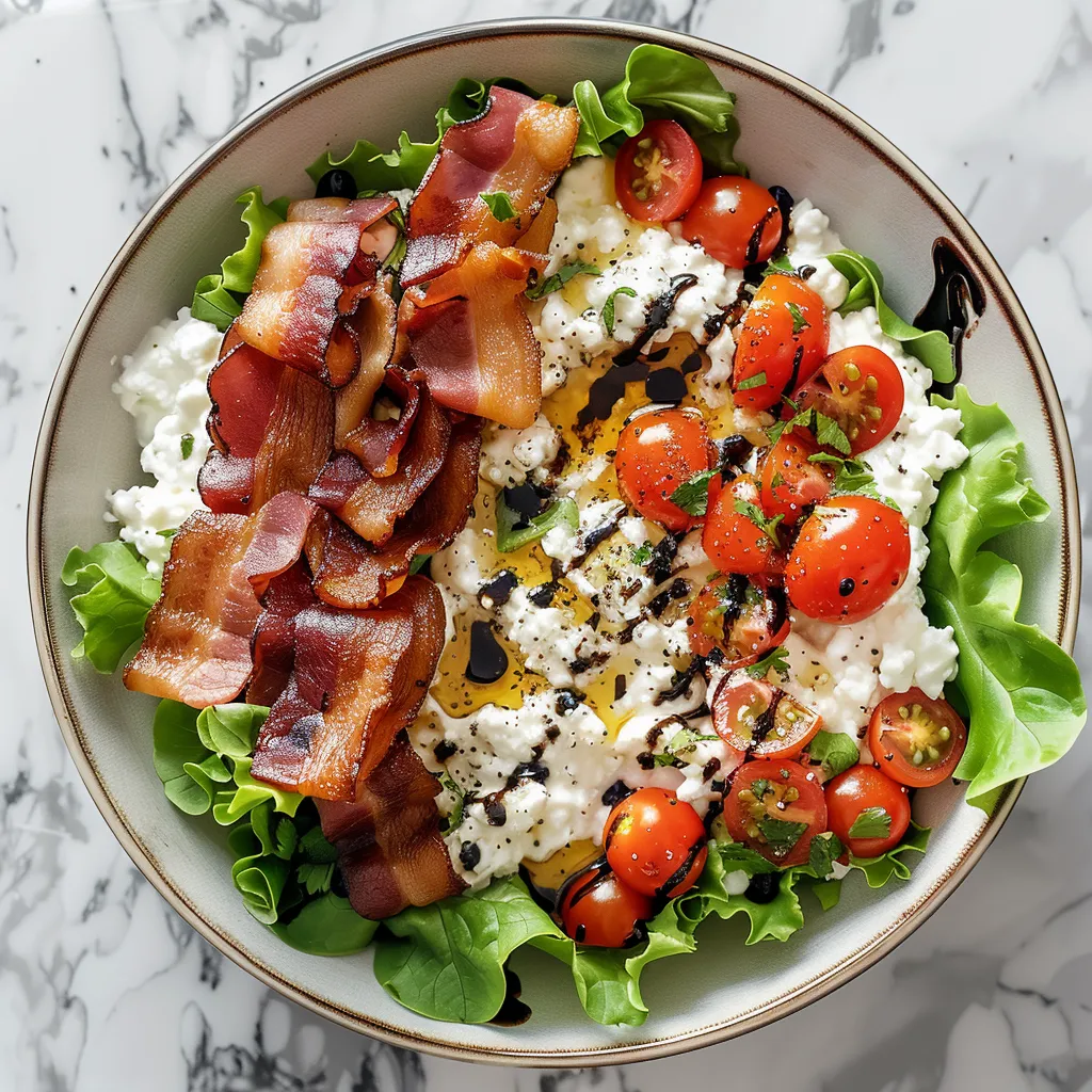 A plate of food with bacon, tomatoes, lettuce, and cheese.