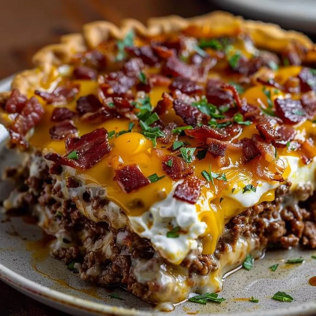 A close up of a delicious bacon and cheese casserole.