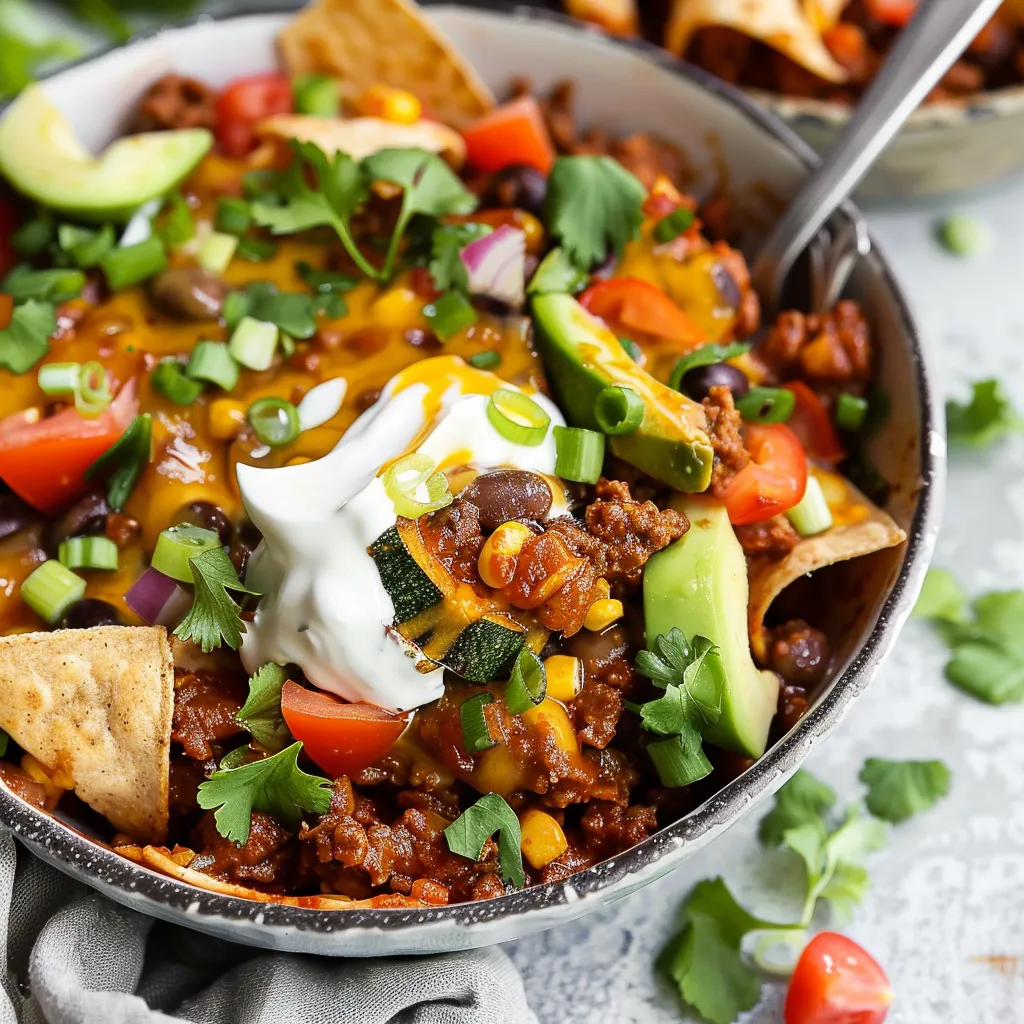 A bowl of chili with chips and sour cream.