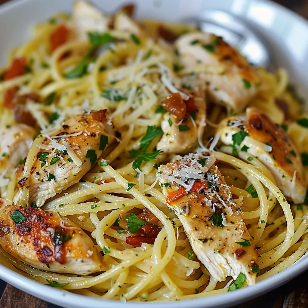 A bowl of pasta with chicken and cheese.