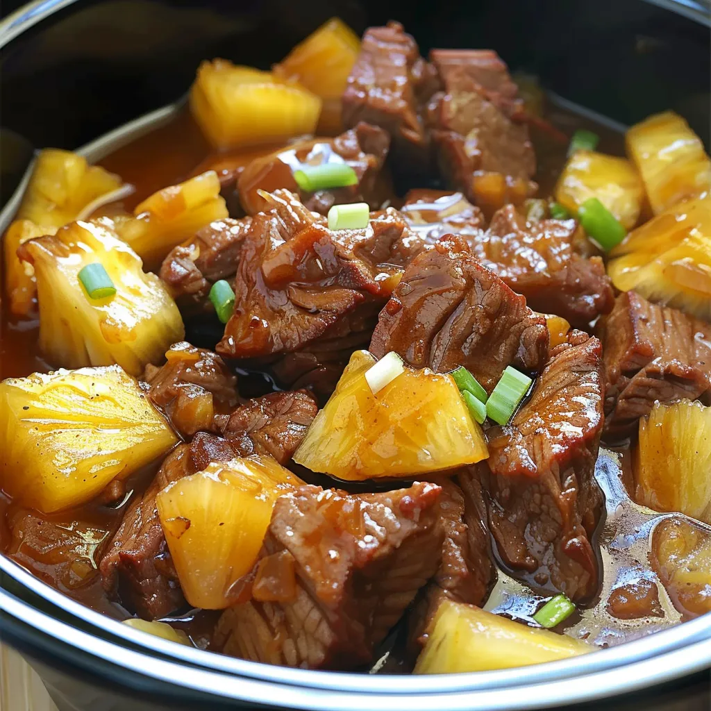 A bowl of beef and pineapple.