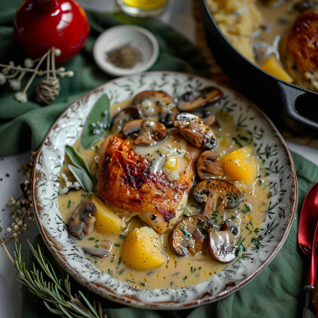 A plate of food with mushrooms and chicken.