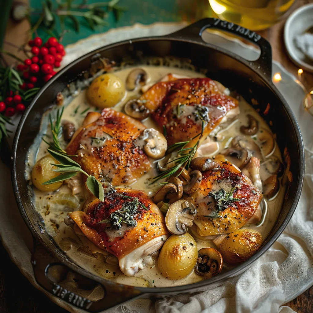 A pan of chicken with mushrooms and potatoes.
