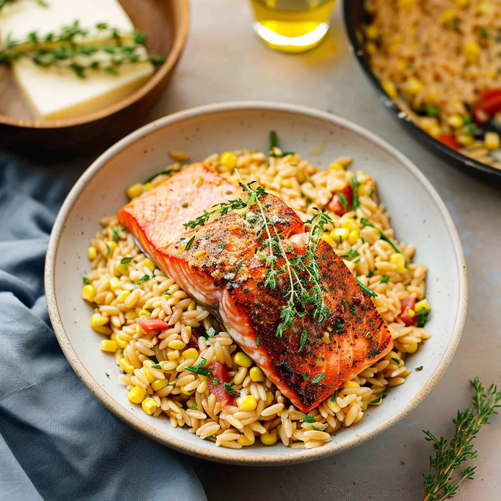 A bowl of rice with fish and vegetables.