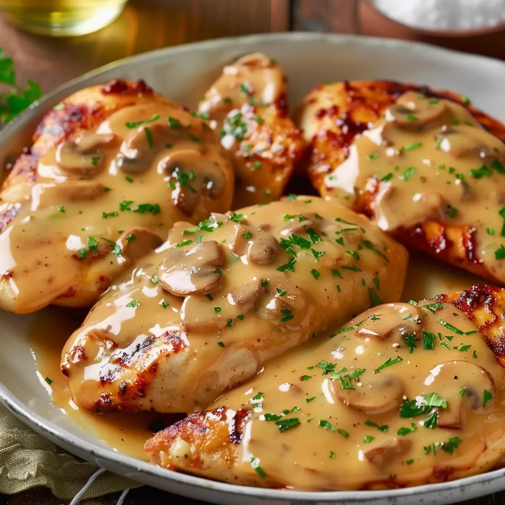 A plate of chicken with mushrooms and gravy.