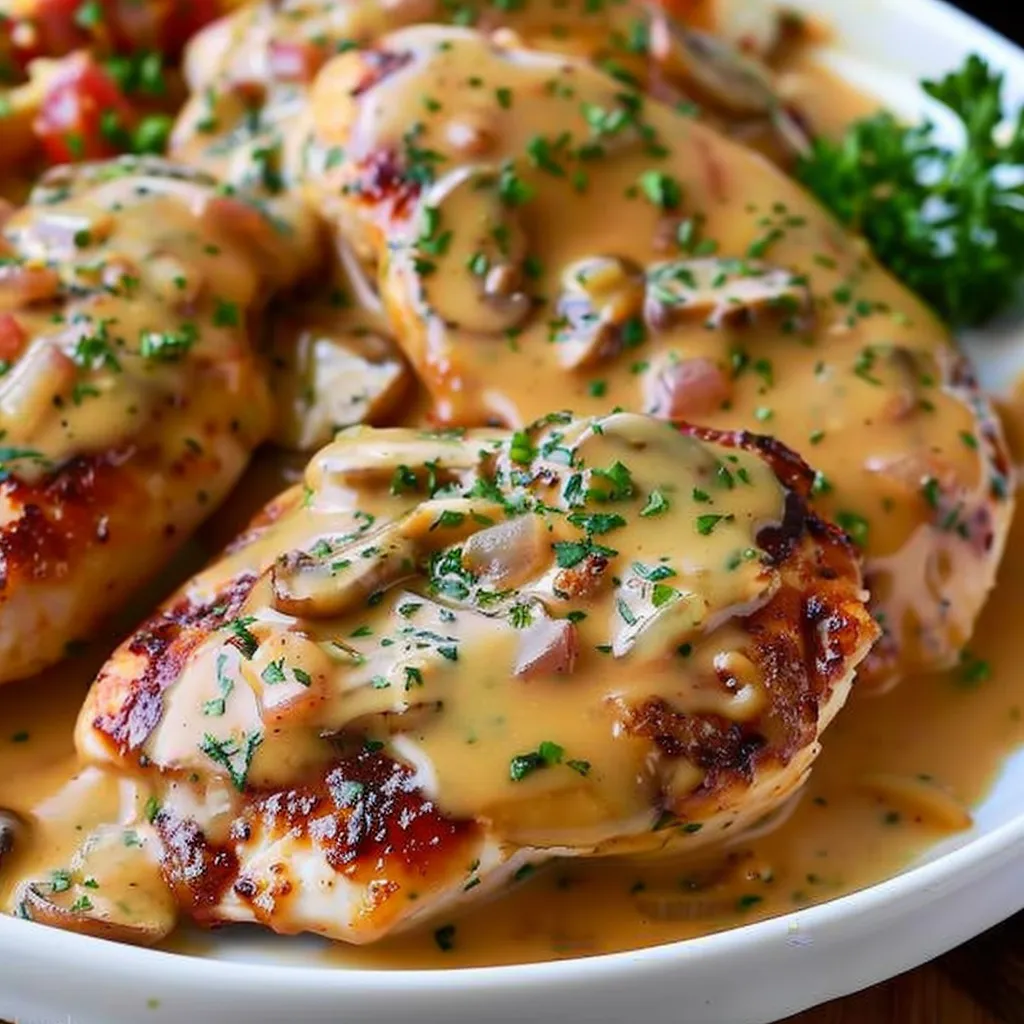 A plate of chicken with mushrooms and onions.