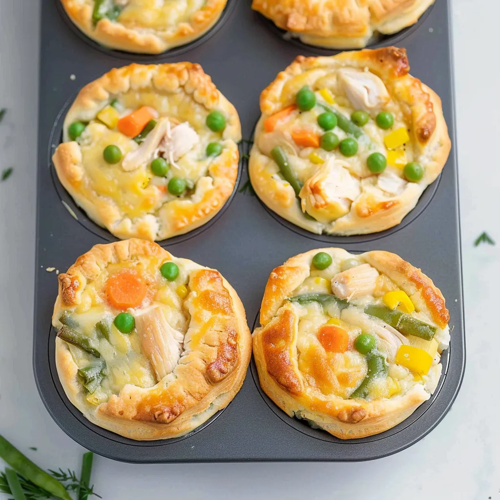 A tray of miniature pies with vegetables and chicken.