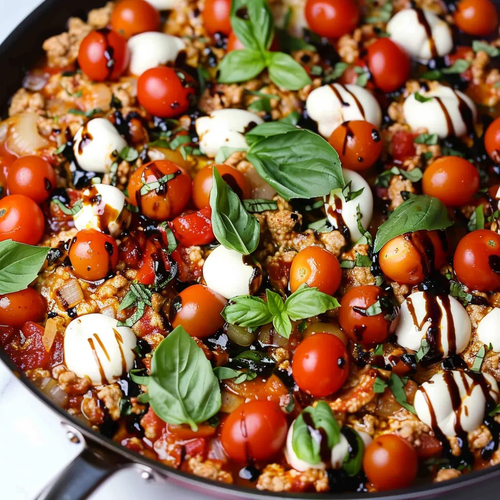 A pan of food with tomatoes, mozzarella, and basil.