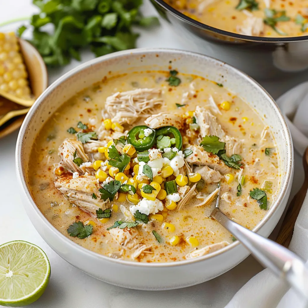 A bowl of soup with chicken and corn.