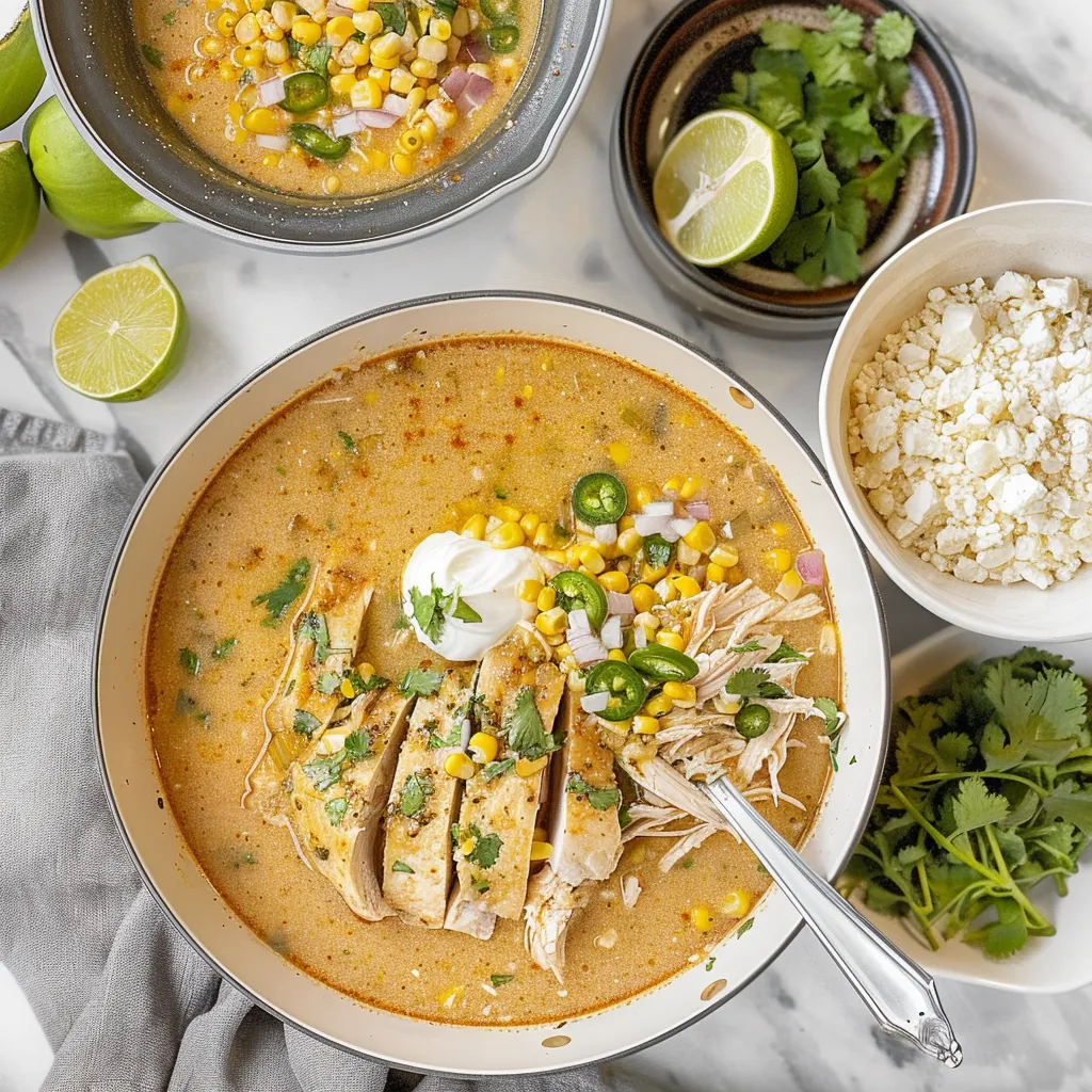 A bowl of soup with chicken and corn.