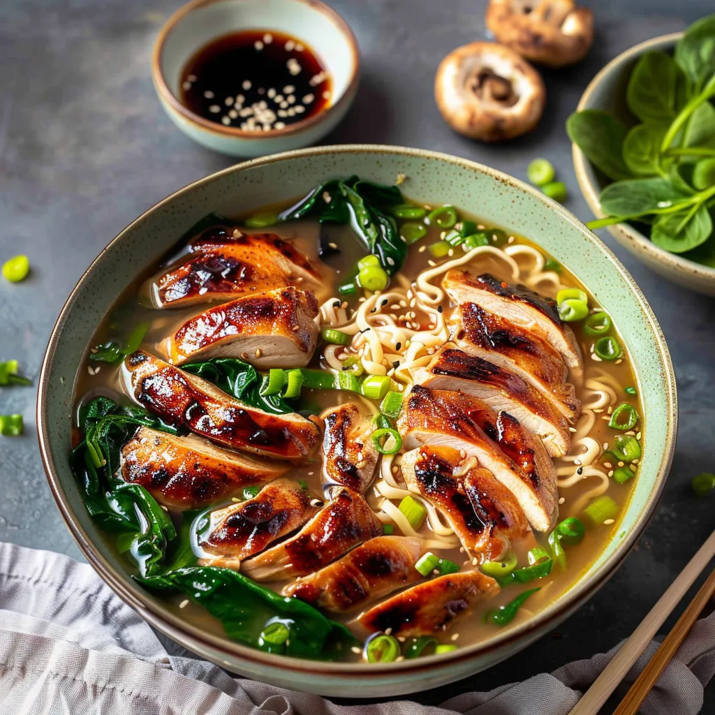 A bowl of noodles with chicken and vegetables.