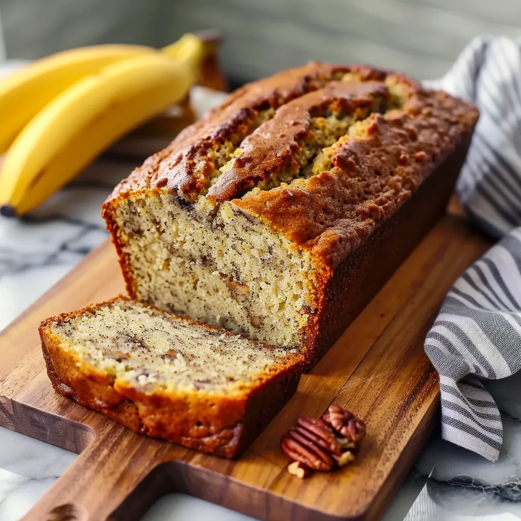 A slice of banana bread on a wooden cutting board.