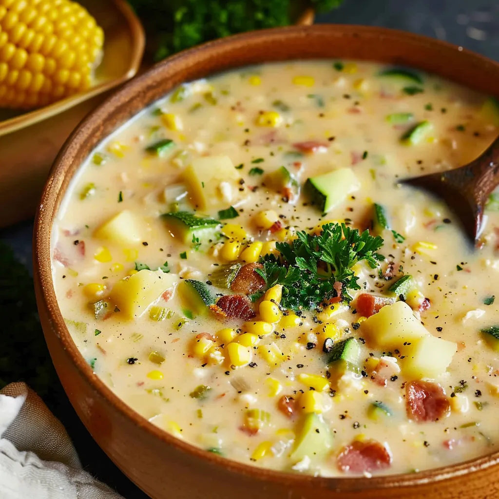 A bowl of soup with corn and potatoes.