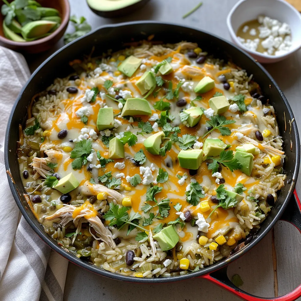 A pan of food with rice, chicken, beans, and cheese.