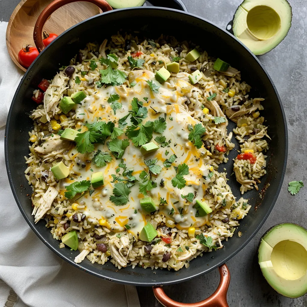 A pan of rice with chicken, avocado, and cheese.