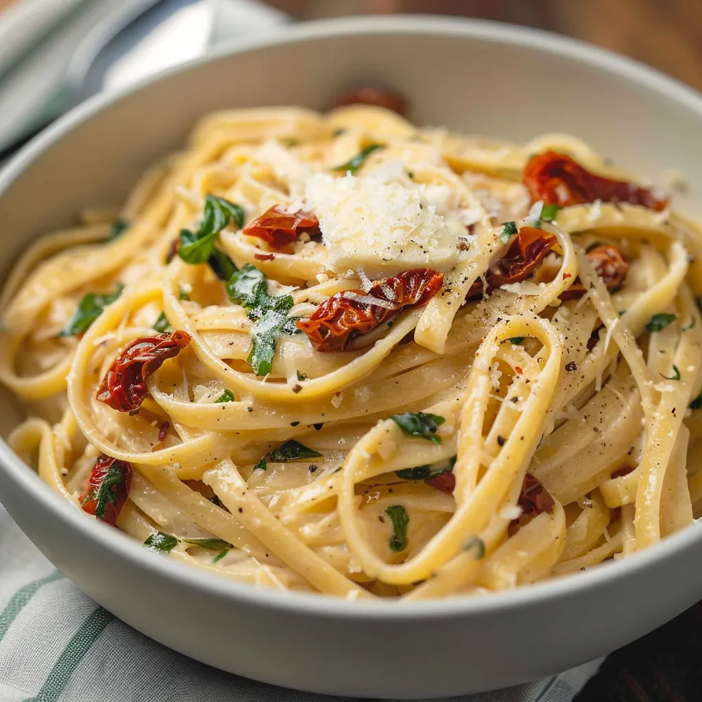 A bowl of pasta with cheese and tomatoes.