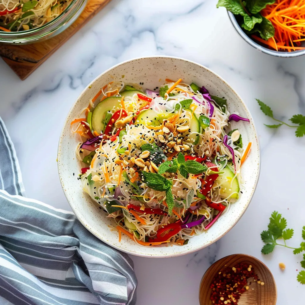 A bowl of noodles with vegetables and peanuts.