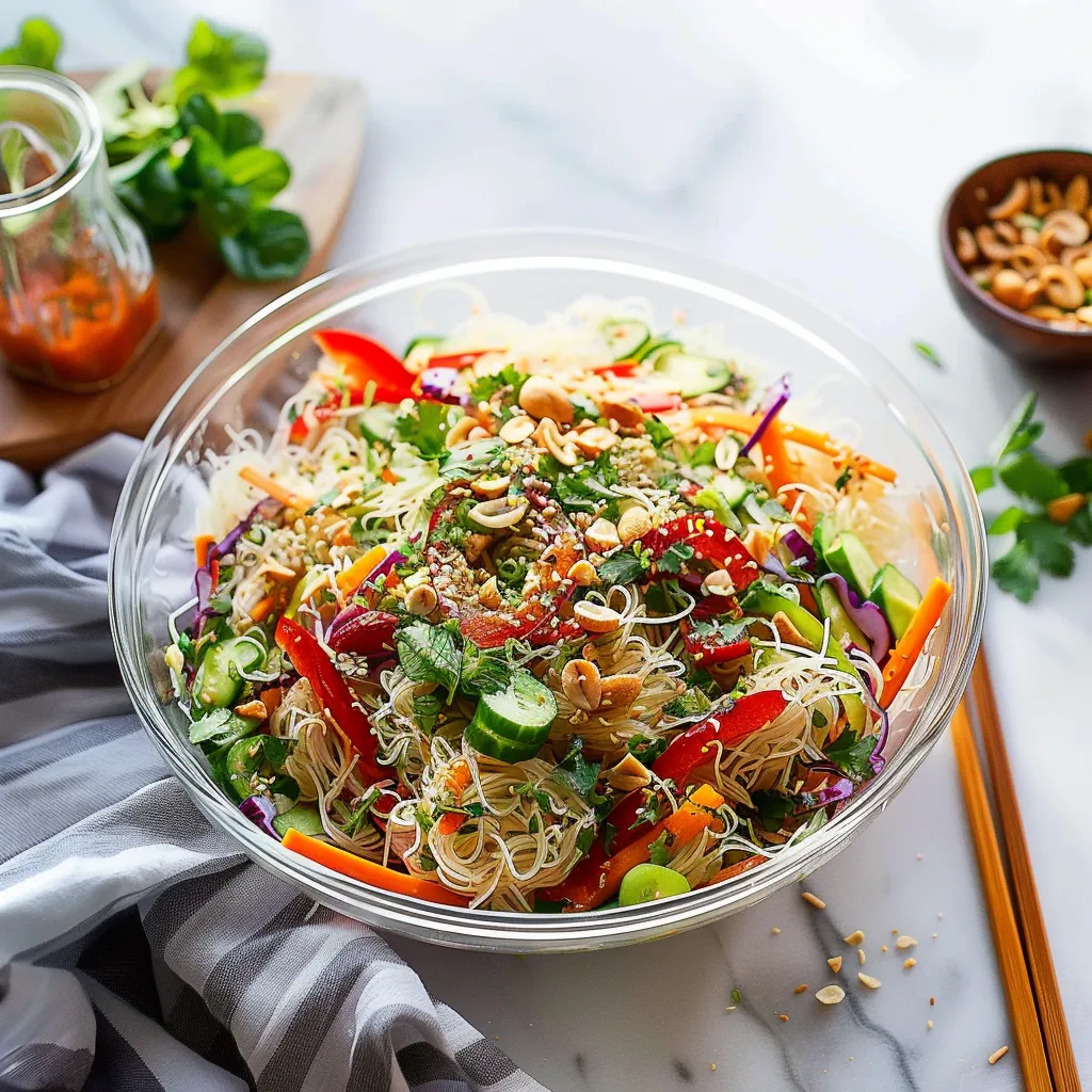 A bowl of noodles with vegetables and nuts.