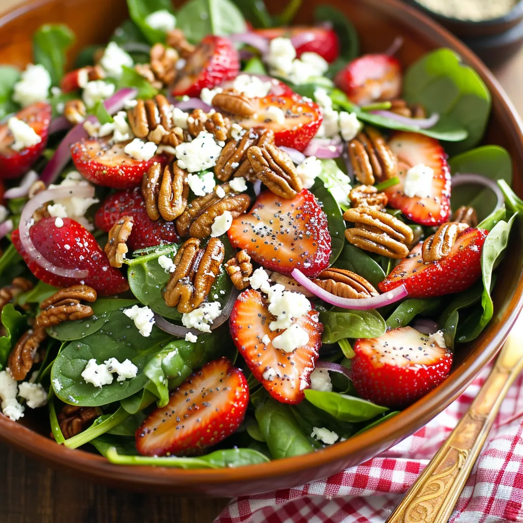 A bowl of salad with strawberries and pecans.