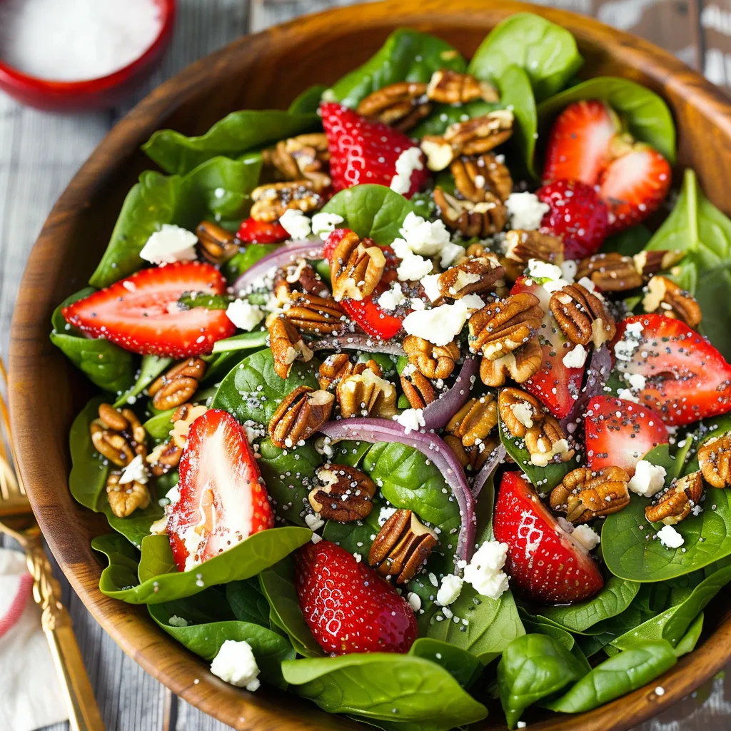 A bowl of salad with strawberries and pecans.