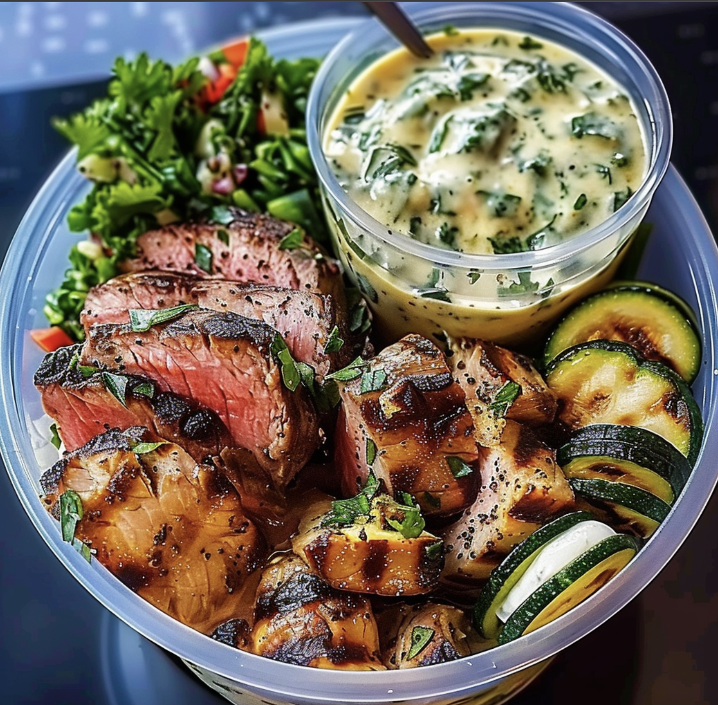 A bowl of food with meat, vegetables, and dip.