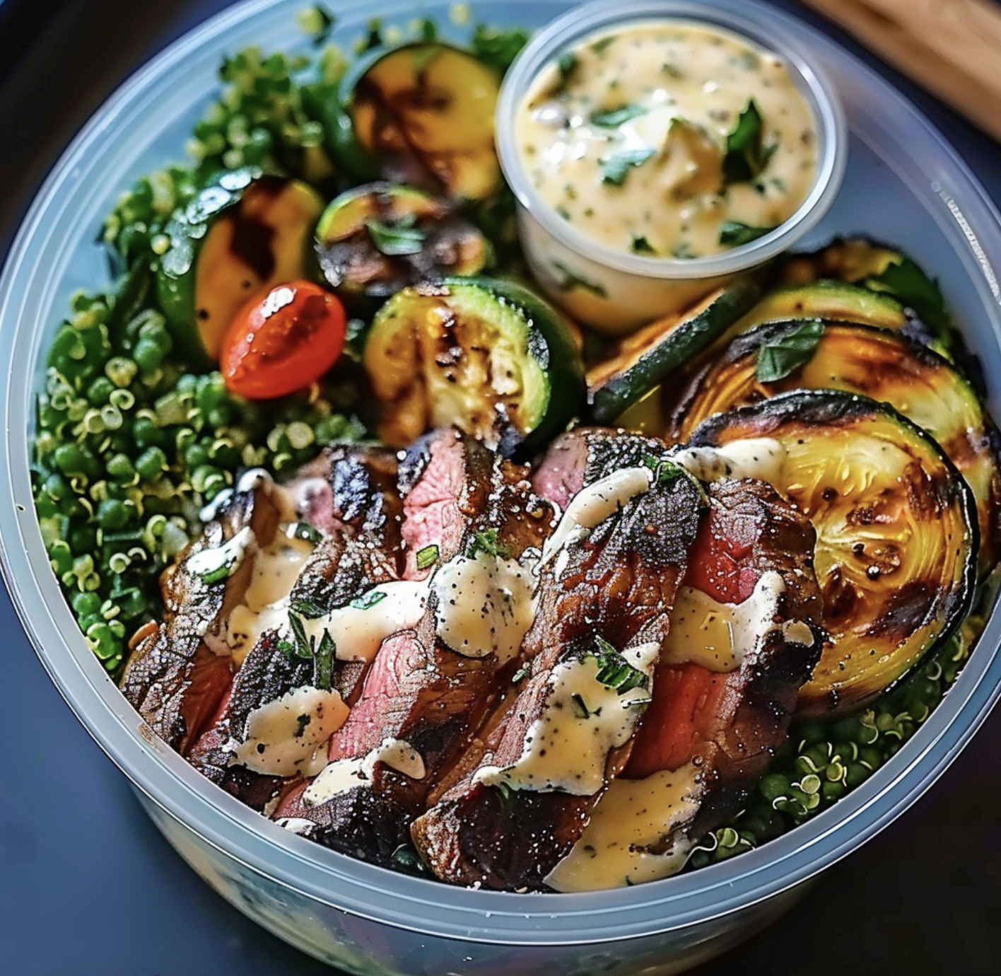 A bowl of food with meat, vegetables, and sauce.