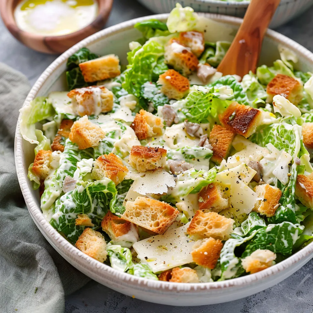 A bowl of salad with croutons and cheese.