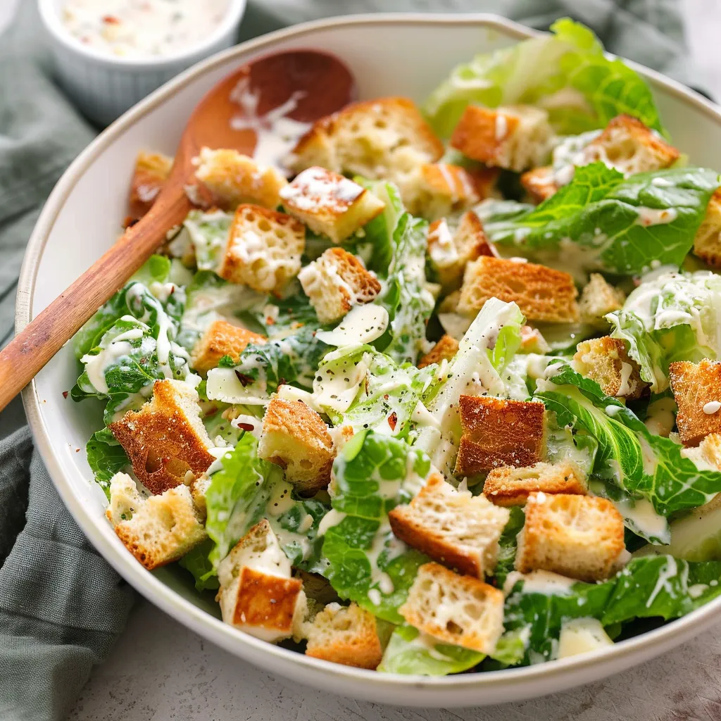 A bowl of salad with croutons and lettuce.