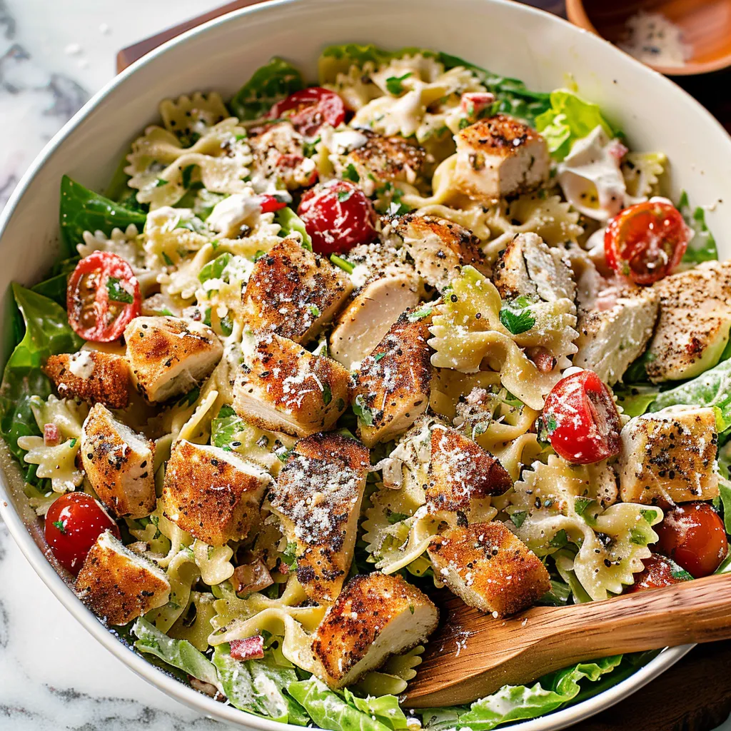 A bowl of pasta salad with chicken and tomatoes.
