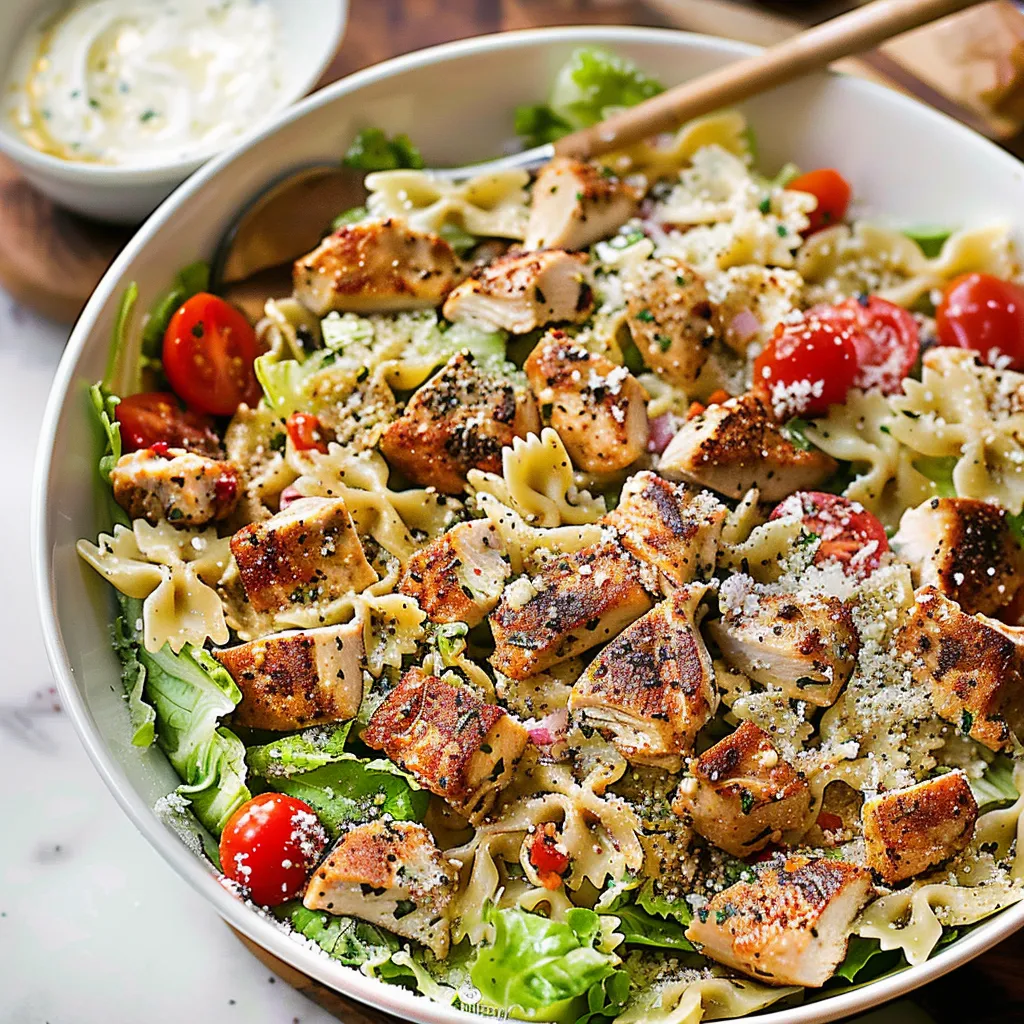 A bowl of pasta salad with chicken, tomatoes, and lettuce.