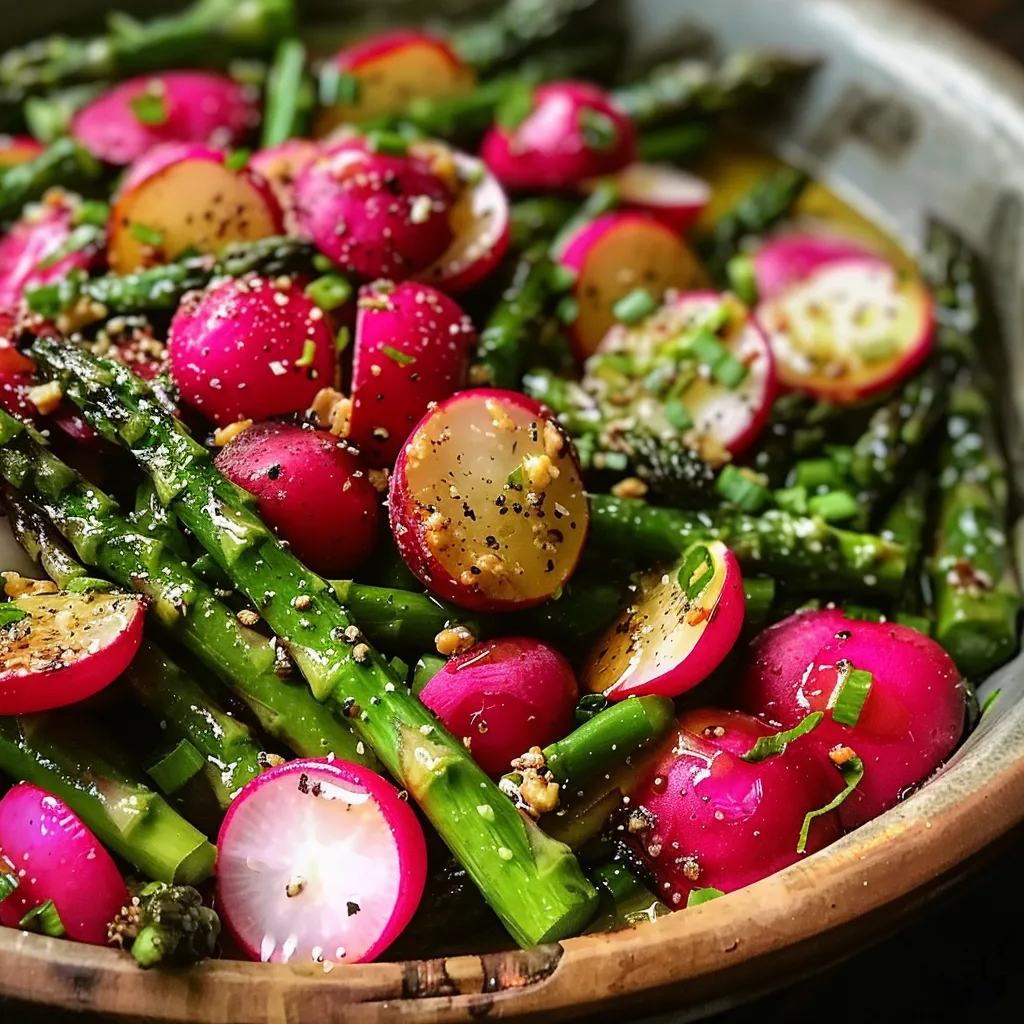 A bowl of food with asparagus, radishes, and other vegetables.