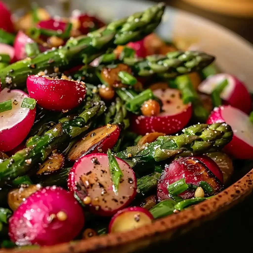 A bowl of vegetables with asparagus, radishes, and other vegetables.