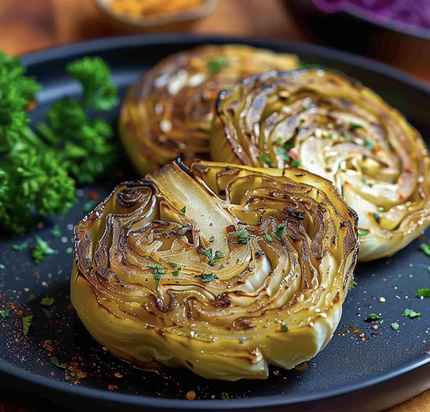 Two pieces of cooked cabbage on a plate.
