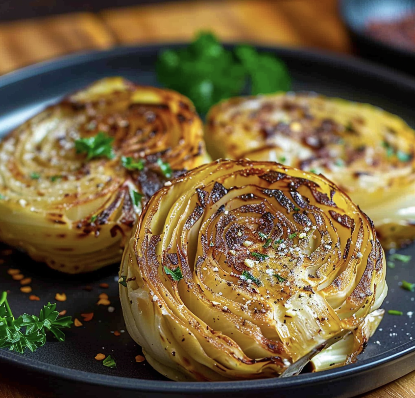 Two pieces of roasted cabbage on a plate.